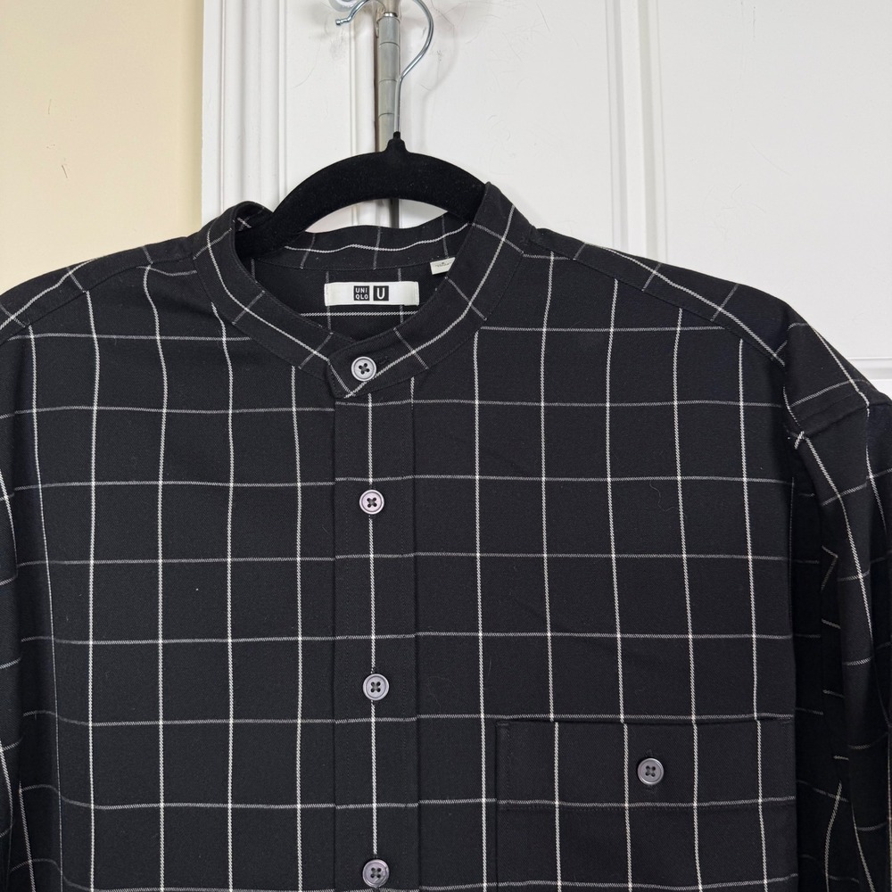 Uniqlo U Band Collar Shirt Mens Small Black Windowpane Check Oversized Lemaire - Picture 4 of 9